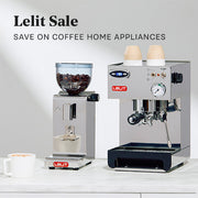 Leit Fred Espresso Grinder and Lelit Anna Espresso Machine on a white surface with promotional text that reads "Lelit Sale - Save on coffee home appliances".