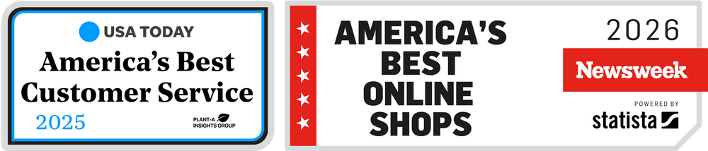 Two awards for 'America's Best Customer Service 2025' and 'America's Best Online Shops 2026' with respective logos.