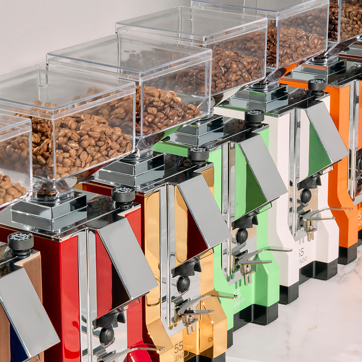 Lineup of Eureka Silenzio 55 Grinders in different colors.