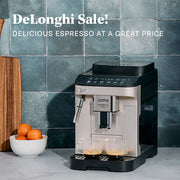 DeLonghi Magnifica EVO espresso machine on a kitchen counter against a tiled wall.