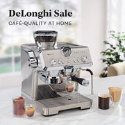 DeLonghi La Specialista espresso machine next to coffee drinks on a white surface with a window in the background and promotional text overlayed that reads "DeLonghi Sale".