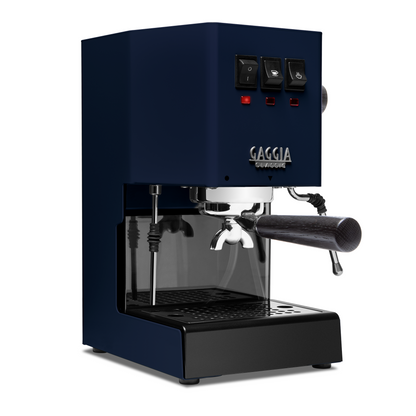 Image 1 of 75 - Gaggia Classic Pro E24 Classic Blue front angle with smoked oak || Classic Blue