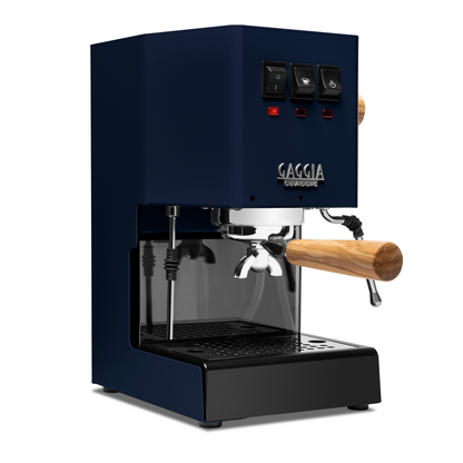 Image 1 of 75 - Gaggia Classic Pro E24 Classic Blue front angle with olive || Classic Blue
