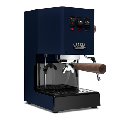 Image 1 of 75 - Gaggia Classic Pro E24 Classic Blue front angle with walnut || Classic Blue