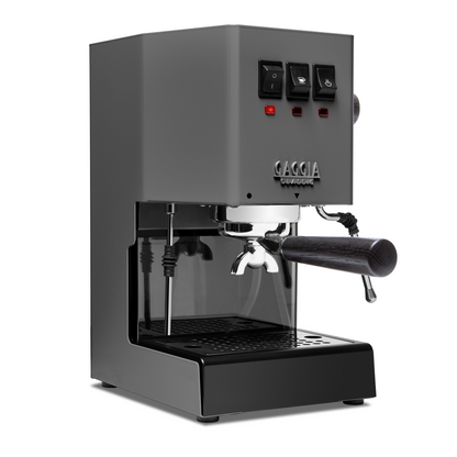 Image 1 of 75 - Gaggia Classic Pro E24 Industrial Grey front angle with smoked oak || Industrial Grey