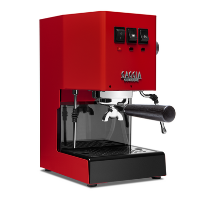 Image 1 of 75 - Gaggia Classic Pro E24 Cherry Red front angle with blackened oak || Cherry Red