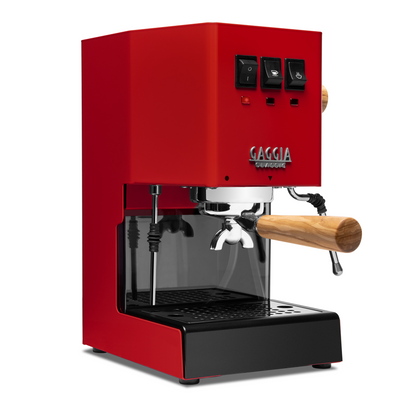 Image 1 of 75 - Gaggia Classic Pro E24 Cherry Red front angle with olive || Cherry Red