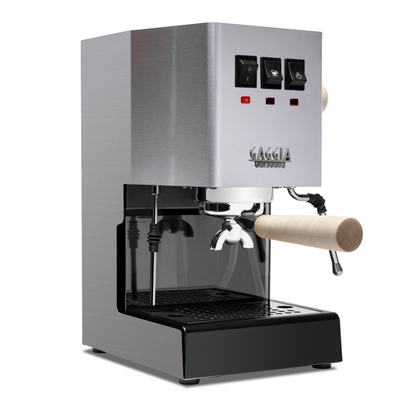 Image 1 of 75 - Gaggia Classic Pro E24 Stainless Steel maple Front Angle || Stainless Steel