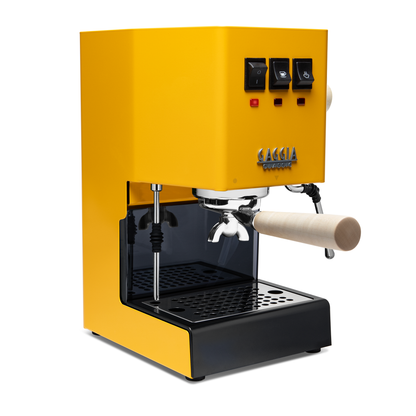 Image 1 of 75 - Gaggia Classic Pro E24 Sunshine Yellow front angle with maple || Sunshine Yellow