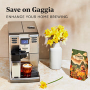 Gaggia Anima Prestige on a brown and white counter top next to flowers and Whole Latte Love Ethiopia Limmu Whole Bean Coffee bag with overlayed promotional text that reads "Save on Gaggia".