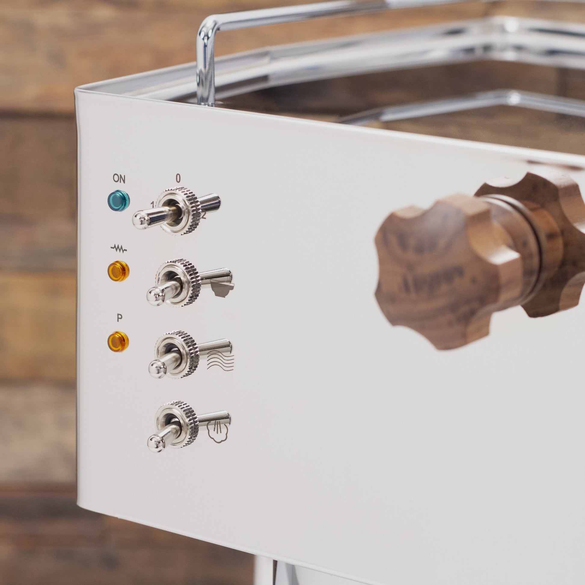 Quick Mill Pippa custom wood steam knob and switches.