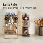 Lelit Mara X Machine next to a Lelit WIlliam Grinder on a kitchen counter with promotional text that reads "Lelit Sale - Save on coffee home appliances".
