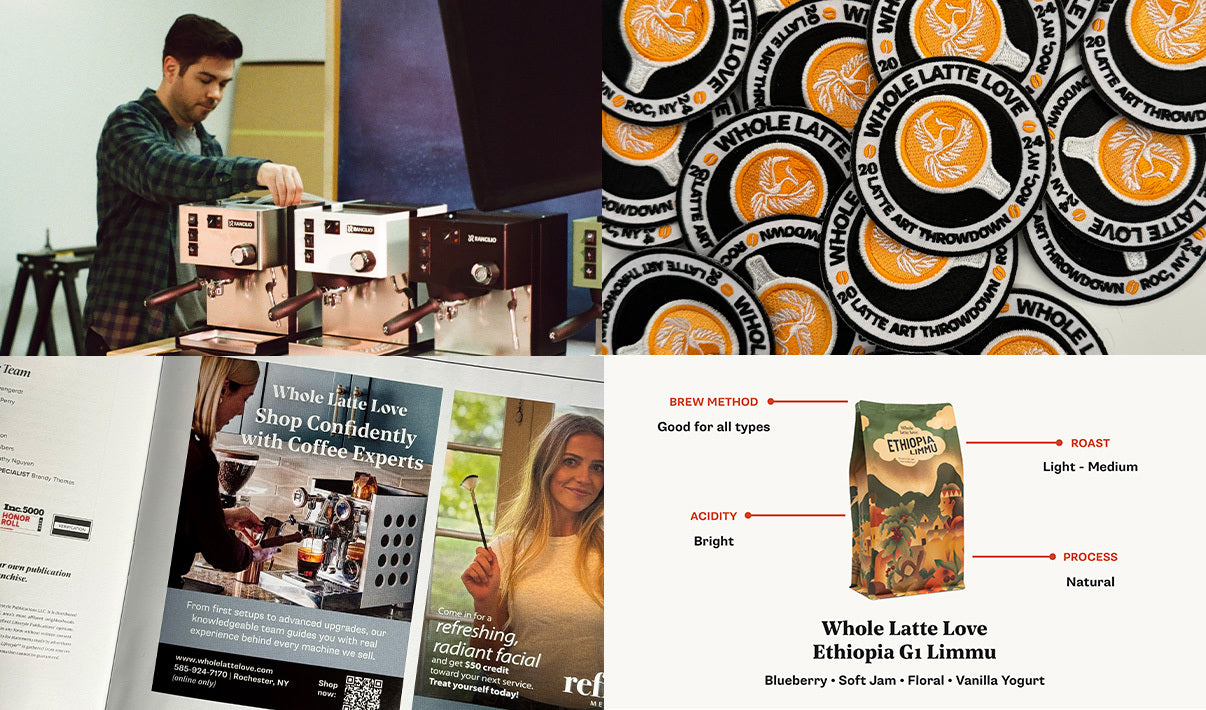 Collage of images including a person using a coffee machine, coffee packaging, and brewing information.
