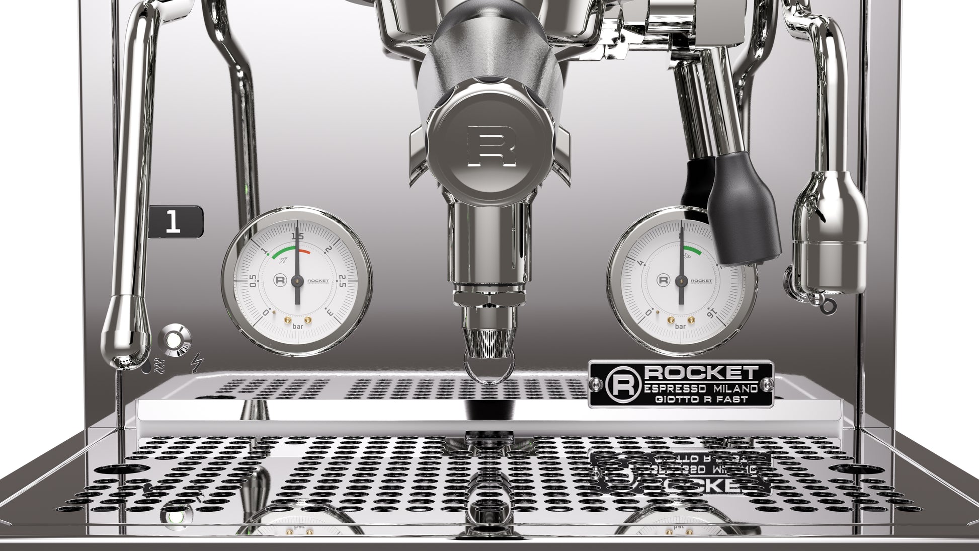Rocket Espresso Giotto FAST R Stainless Steel Gauge and Portafilter Detail || Stainless Steel