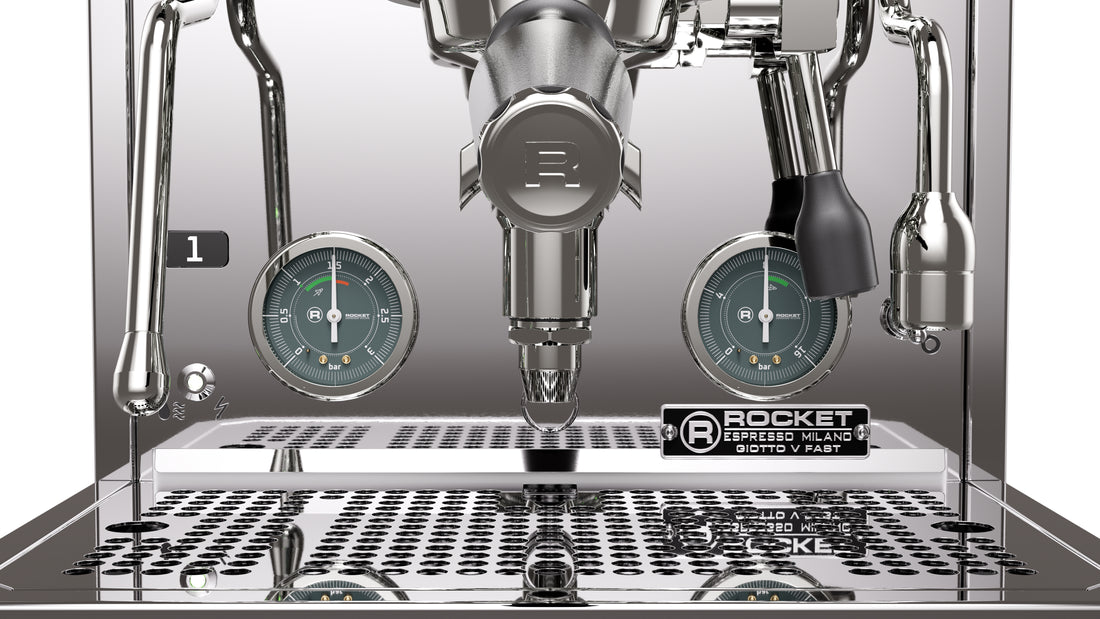 Rocket Espresso Giotto FAST V Stainless Steel Gauge and Portafilter Detail || Stainless Steel