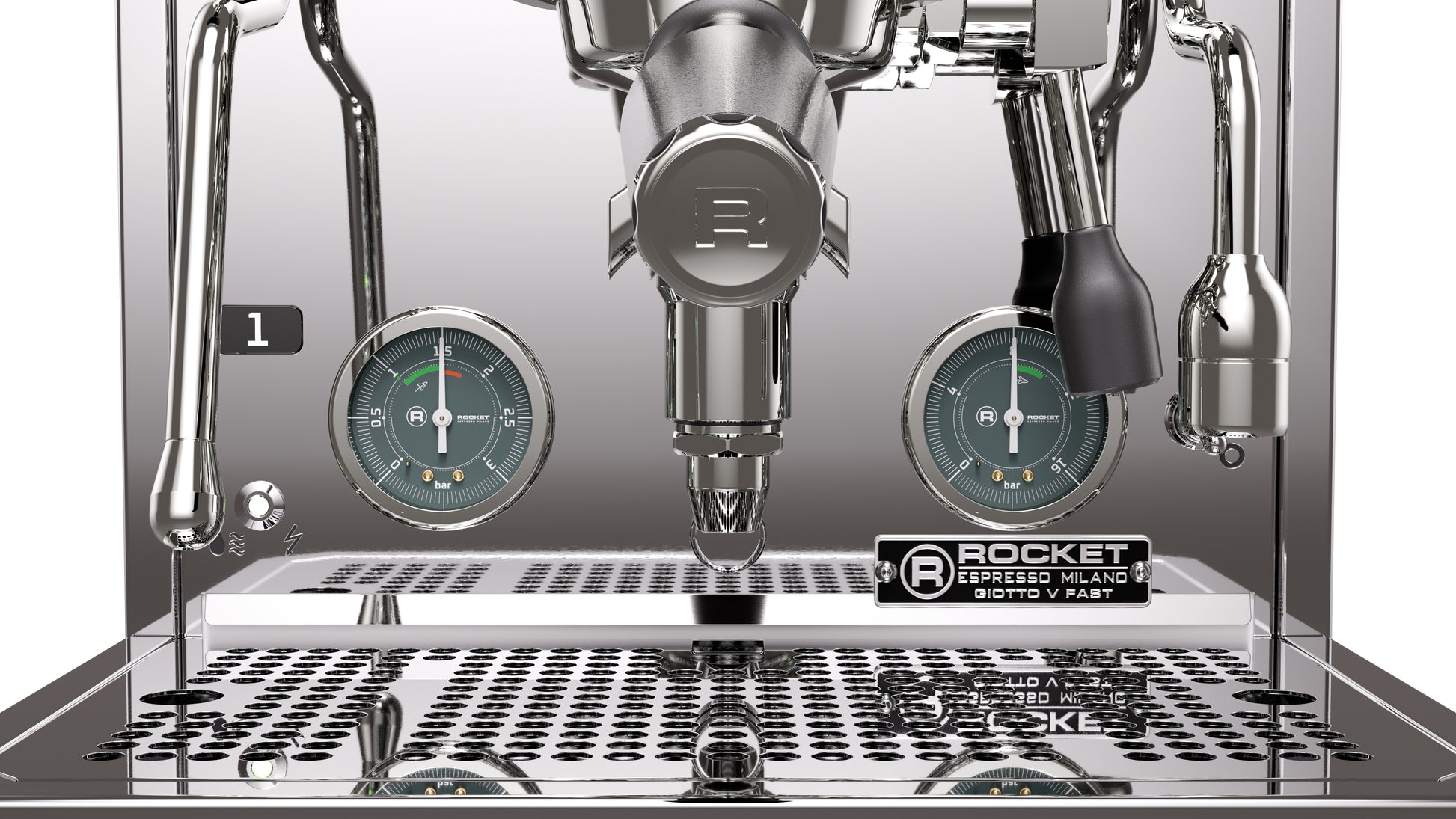 Rocket Espresso Giotto FAST V Stainless Steel Gauge and Portafilter Detail || Stainless Steel