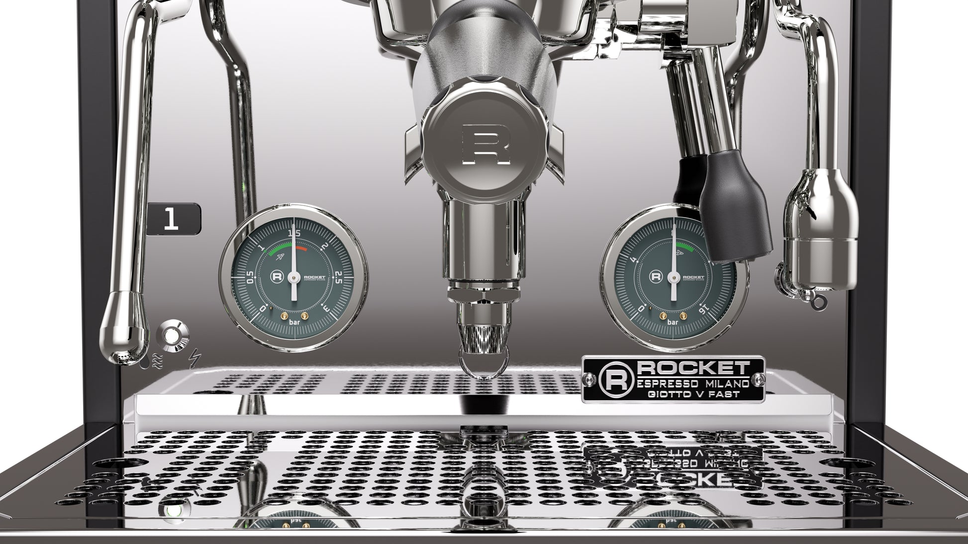 Rocket Espresso Giotto FAST V Black Gauge and Portafilter Detail || Black