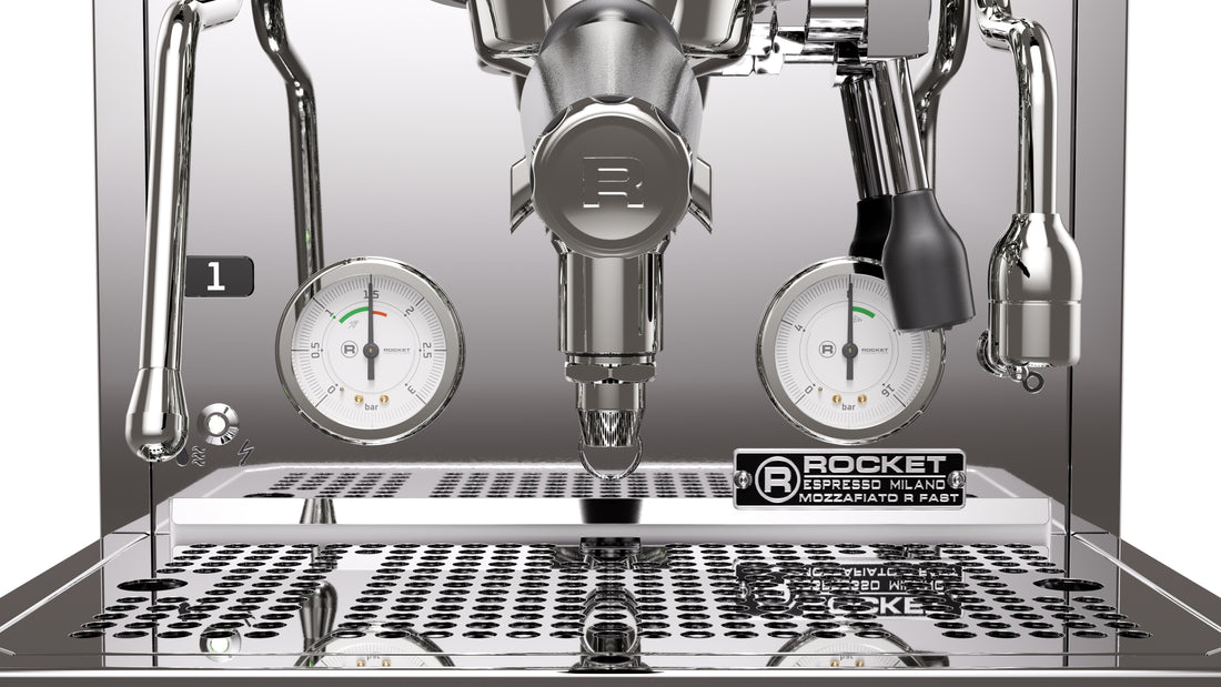 Rocket Espresso Mozzafiato FAST R Stainless Steel Gauge and Portafilter Detail || Stainless Steel