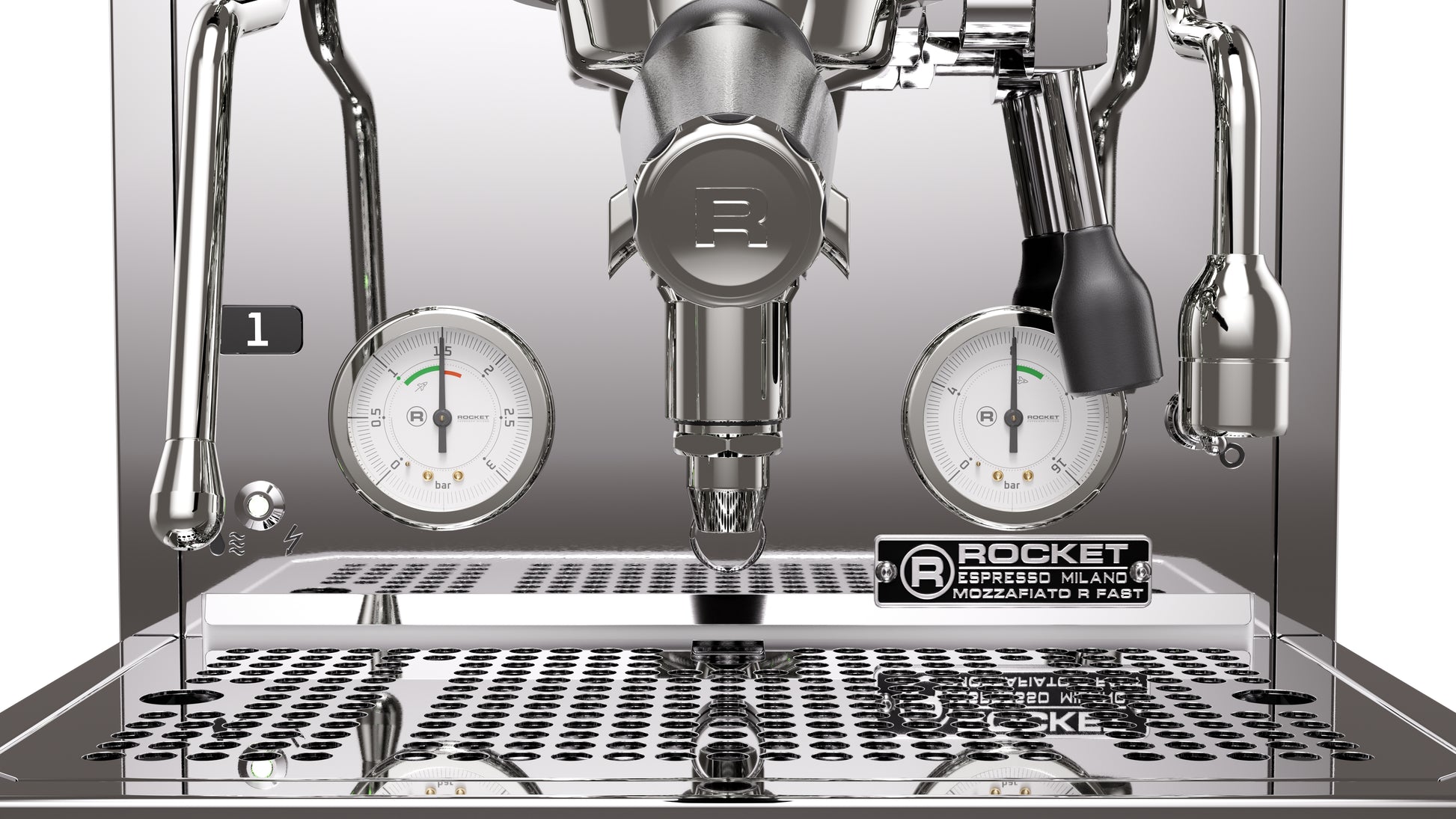 Rocket Espresso Mozzafiato FAST R Stainless Steel Gauge and Portafilter Detail || Stainless Steel