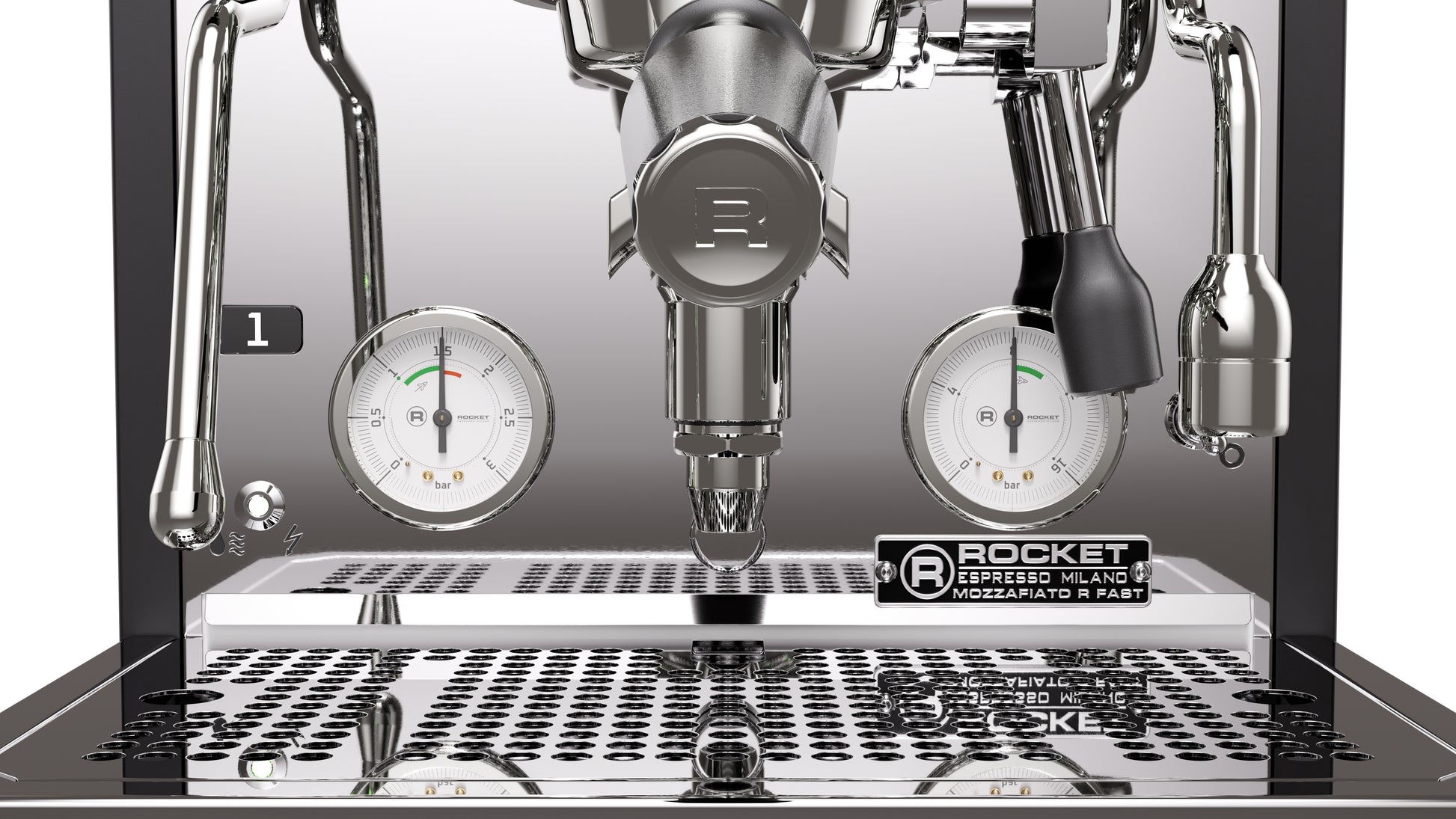 Rocket Espresso Mozzafiato FAST R Black Gauge and Portafilter Detail || Black