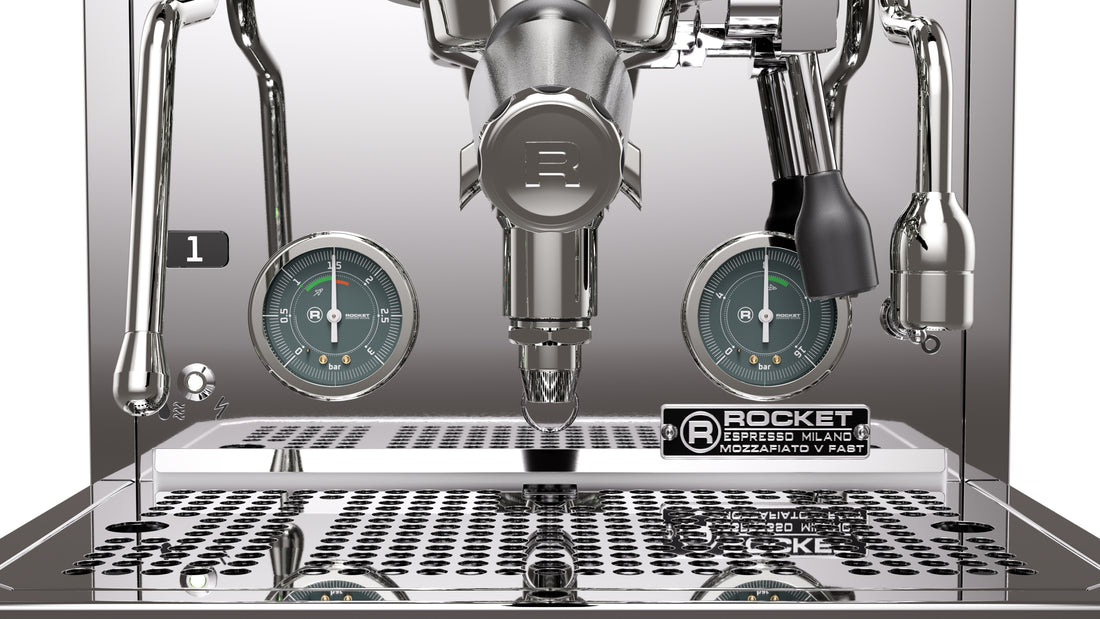 Rocket Espresso Mozzafiato FAST V Stainless Steel Gauge and Portafilter Detail || Stainless Steel