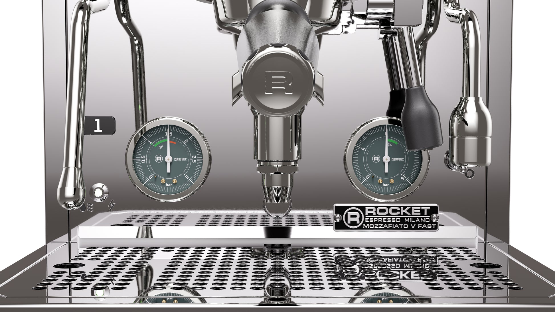 Rocket Espresso Mozzafiato FAST V Stainless Steel Gauge and Portafilter Detail || Stainless Steel