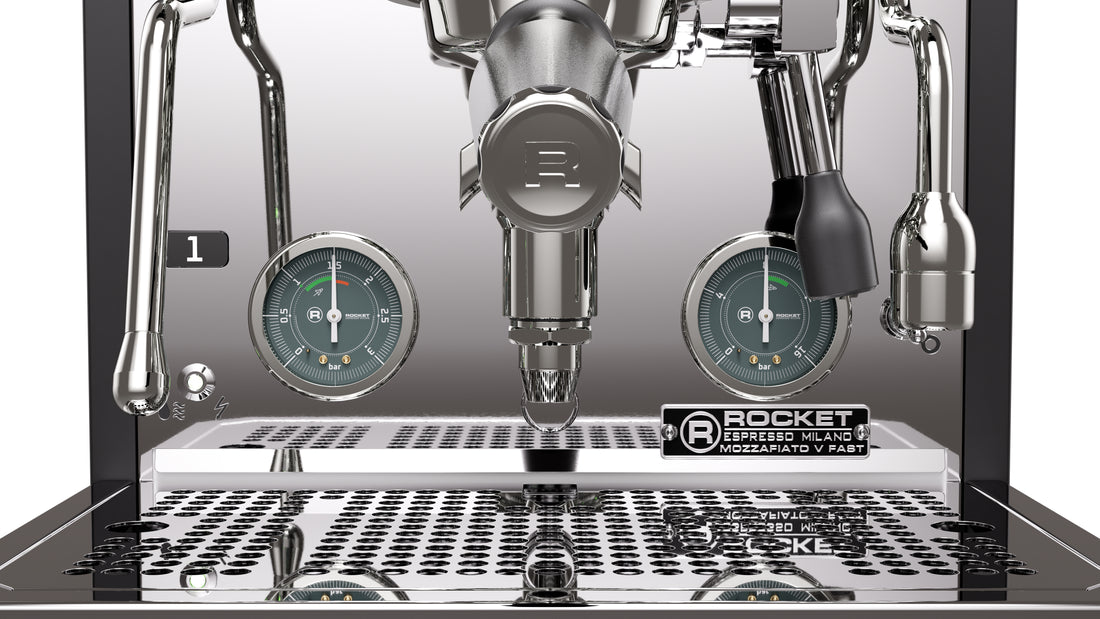 Rocket Espresso Mozzafiato FAST V Black Gauge and Portafilter Detail || Black