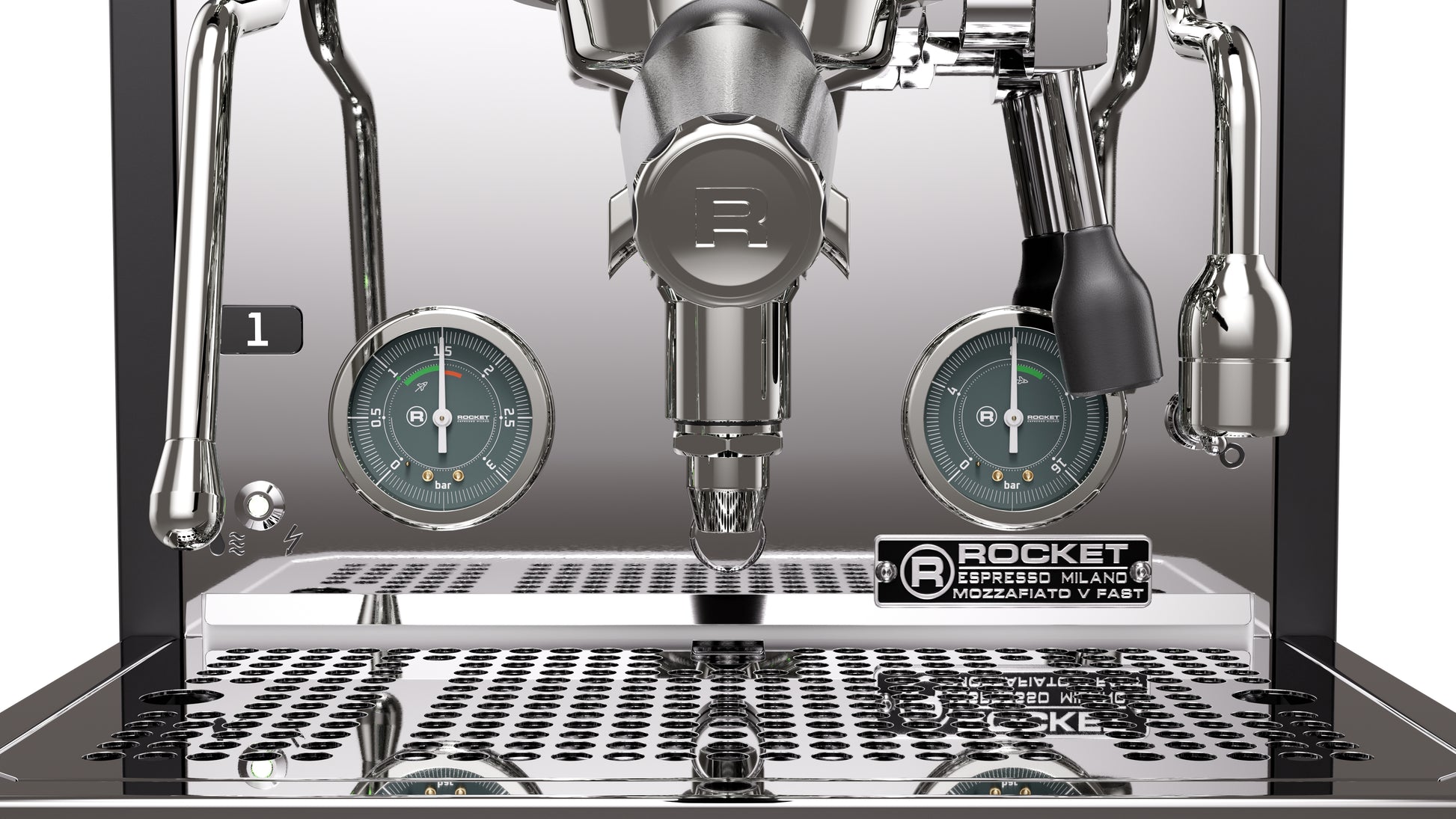Rocket Espresso Mozzafiato FAST V Black Gauge and Portafilter Detail || Black