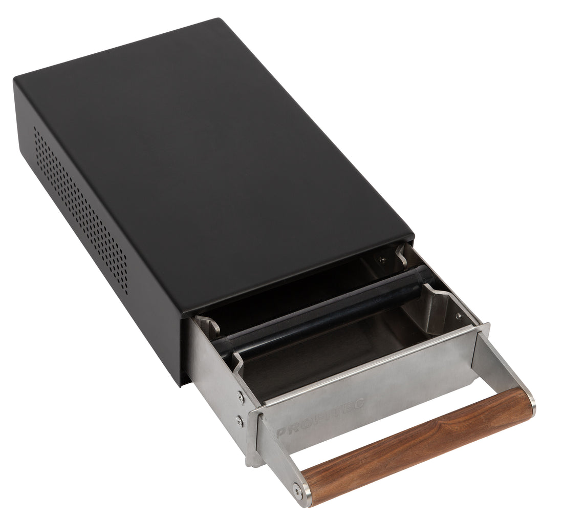 Profitec Knock Drawer Matte Black with Wooden Handle Overhead with Box Open || Matte Black