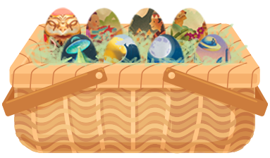 Wooden basket with colorful Easter eggs on a white background.