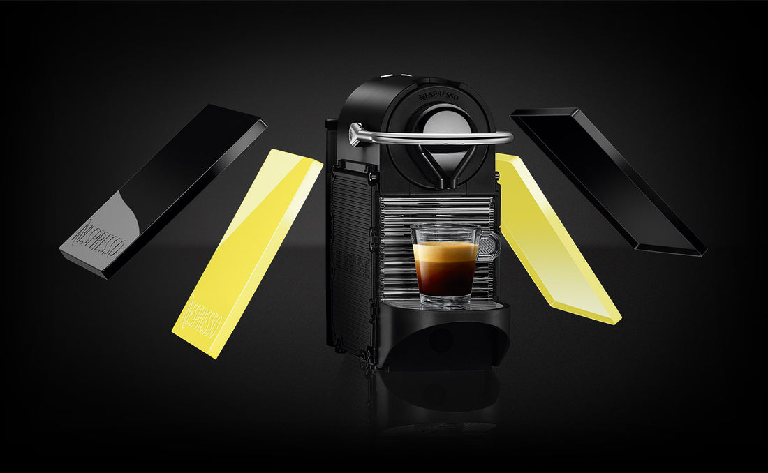 Nespresso Pixie Clips w/Black and Lemon Side Panels & Aeroccino Exploded View