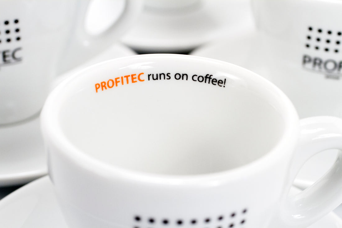 Profitec Espresso Cup Set (6 Cups and Saucers) Inside Cup Text.