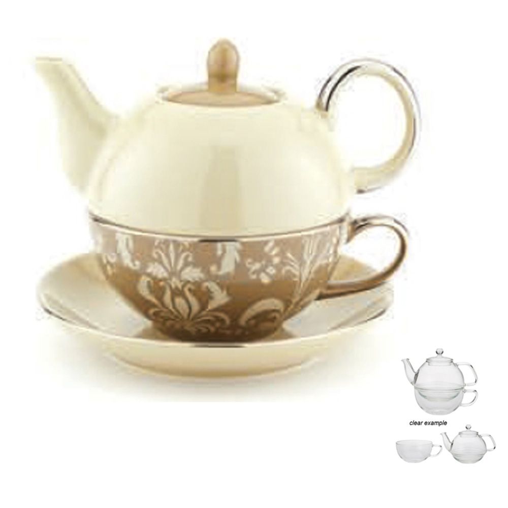 Yedi Nouveau Chic 14 oz Tea for One Pot Cup and Saucer in Beige