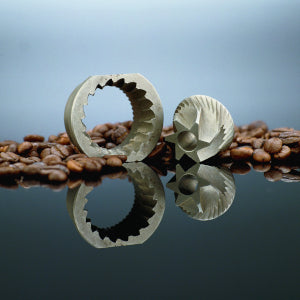 Conical steel burrs from Switzerland grind coffee precisely and consistently.