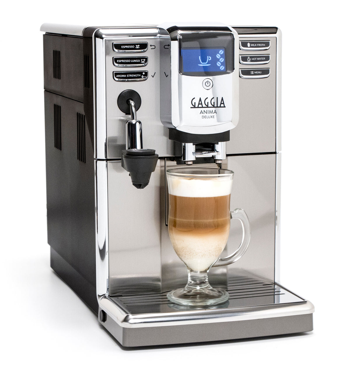 Gaggia Anima Deluxe from the front-left with Cappuccinatore attached