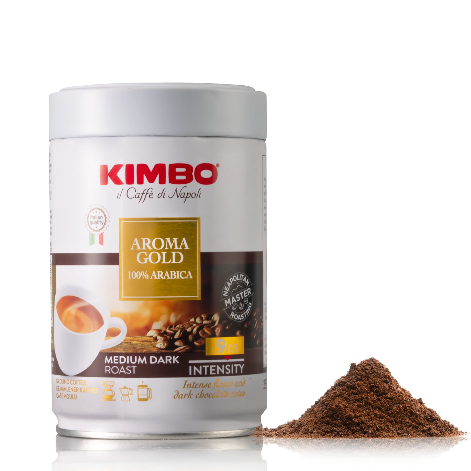 Kimbo il Caffe di Napoli Aroma Gold 100% Arabica Ground 250g Tin With Coffee