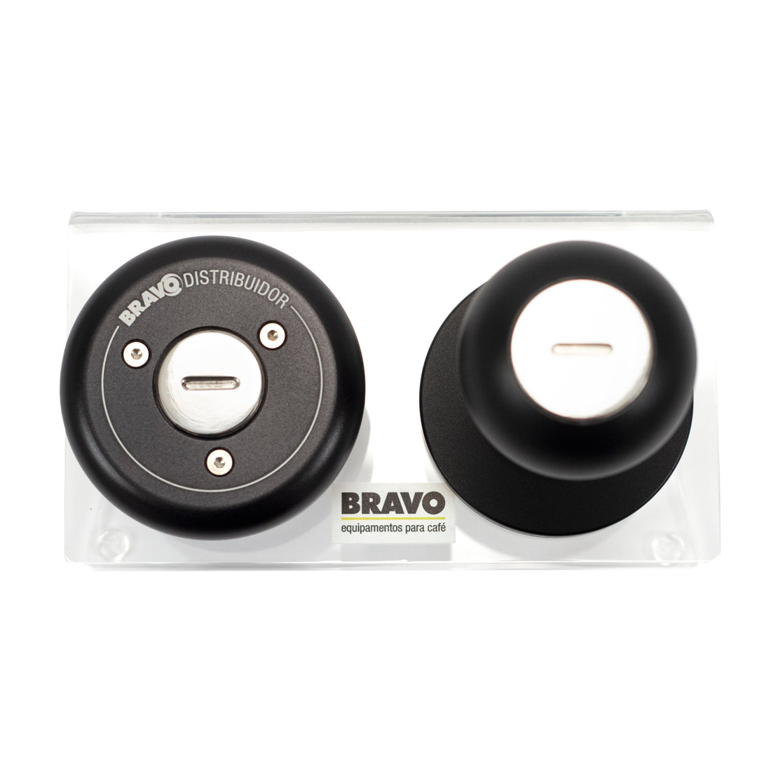 Birdseye view of the Bravo Distributor and Tamper in the Cleary Acrylic Stand.