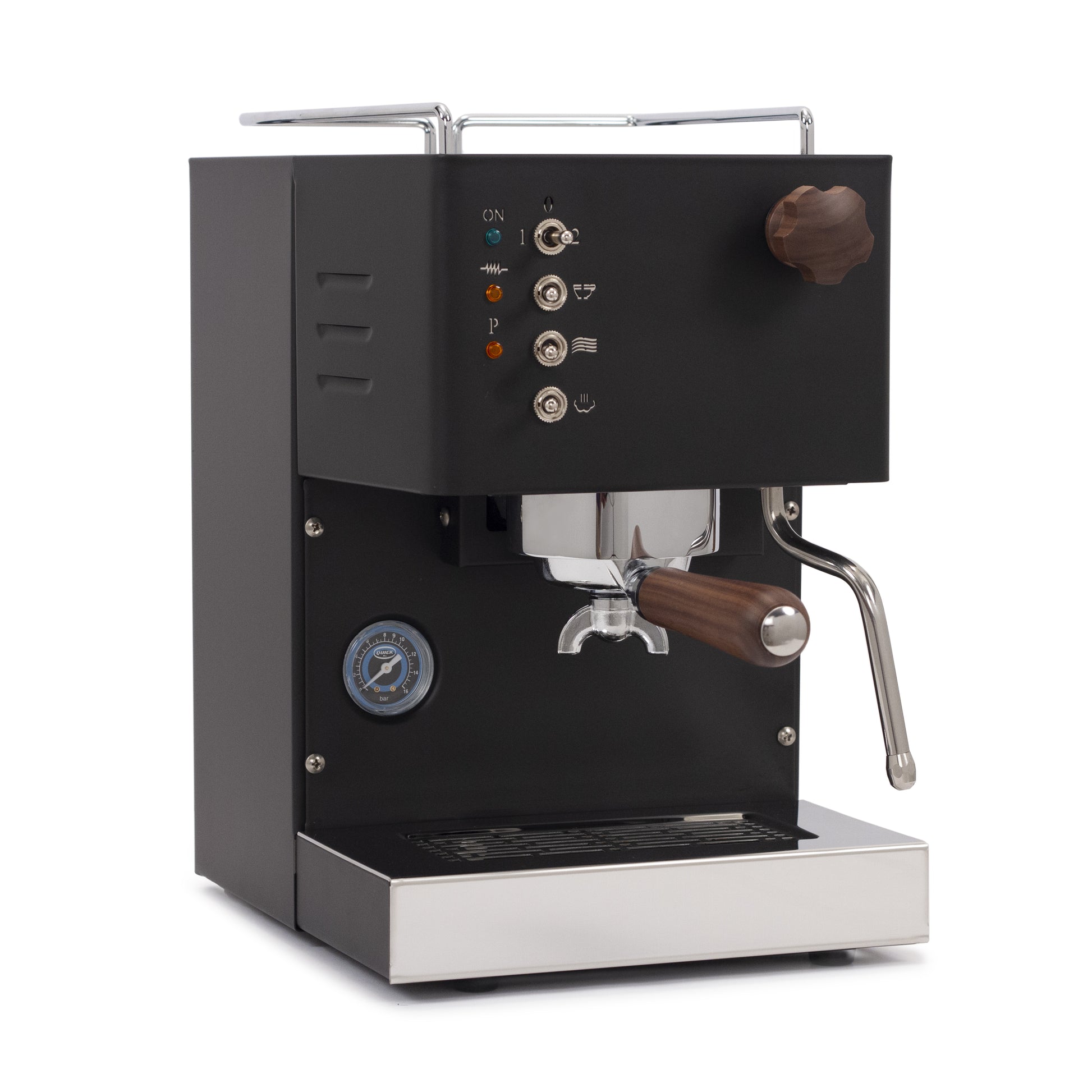 Quick Mill Pippa espresso machine in black angled to the right.