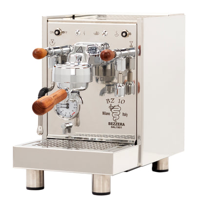 Bezzera BZ10 Espresso Machine Left Facing with Rosewood Accents || Stainless Steel