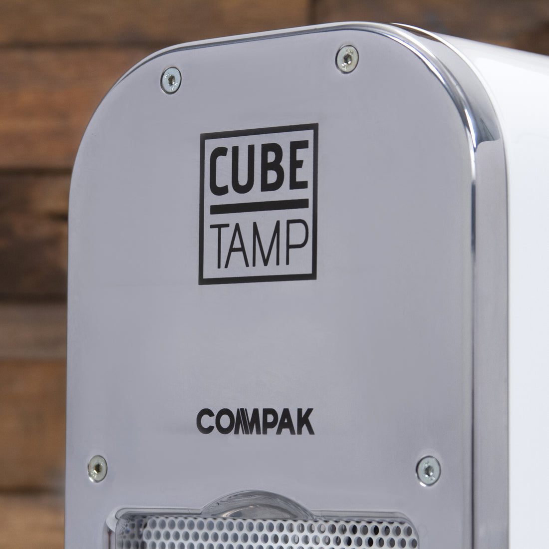 Compak Cube Tamper from the rear with Cube logo.