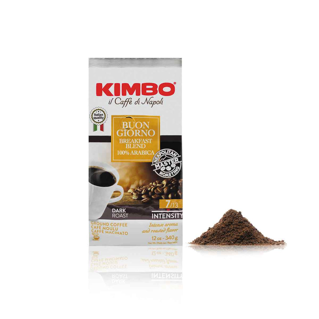 Kimbo il Caffe di Napoli Buongiorno Breakfast Blend Drip Coffee Ground 340g Bag Front With Coffee