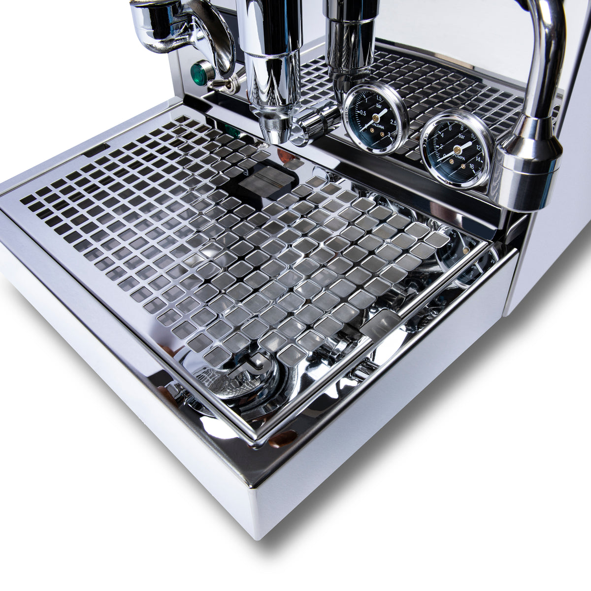 Whole Latte Love front view of the current Profitec Pro 500 PID group, valves, gauges and modular portafilter