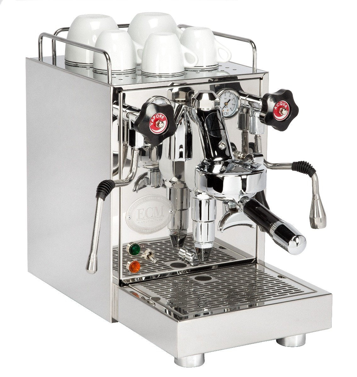 Legacy ECM Mechanika V Slim viewed from the side with cups on the top rail