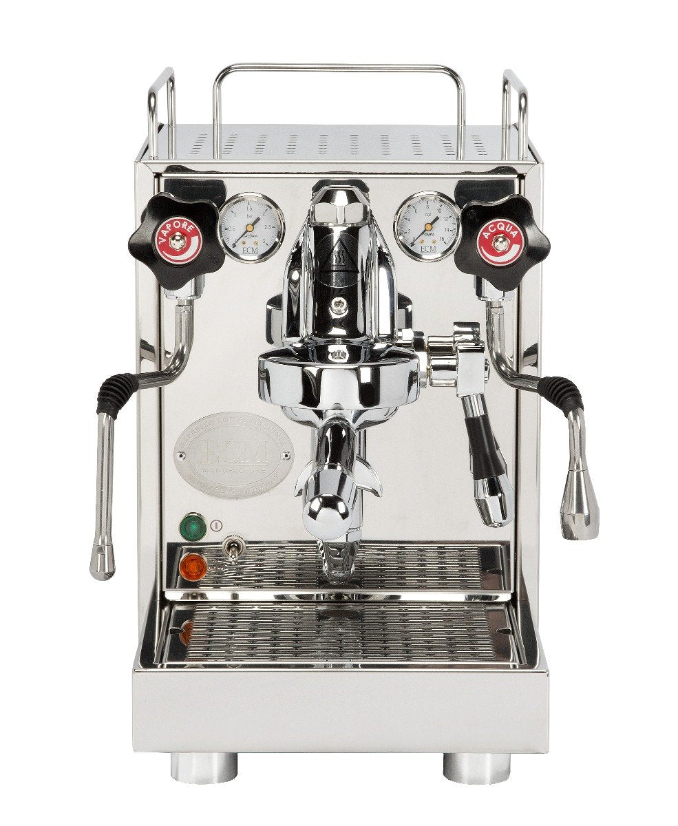 Legacy ECM Mechanika V Slim polished heat-exchanger espresso machine viewed from the front